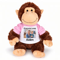 Personalized Stuffed Monkey - 12 inch Plush Chimp with Photo and/or Text - Pink Sleeves, Print on Front Only