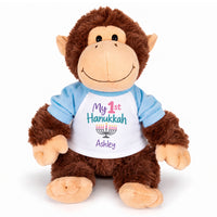Personalized Hanukkah Stuffed Monkey - 12 Inch Plush Tubbie Wubbies Chimp - My 1st Hanukkah, Light Blue Shirt / Pastel Design