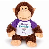 Personalized Hanukkah Stuffed Monkey - 12 Inch Plush Tubbie Wubbies Chimp - Happy Hanukkah, Purple Shirt / Pastel Design
