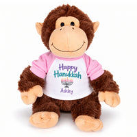 Personalized Hanukkah Stuffed Monkey - 12 Inch Plush Tubbie Wubbies Chimp - Happy Hanukkah, Pink Shirt / Pastel Design