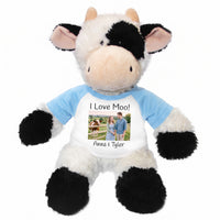 Personalized Stuffed Cow - 12 inch Tubbie Wubbie Cow with Photo and/or Text - Light Blue Shirt
