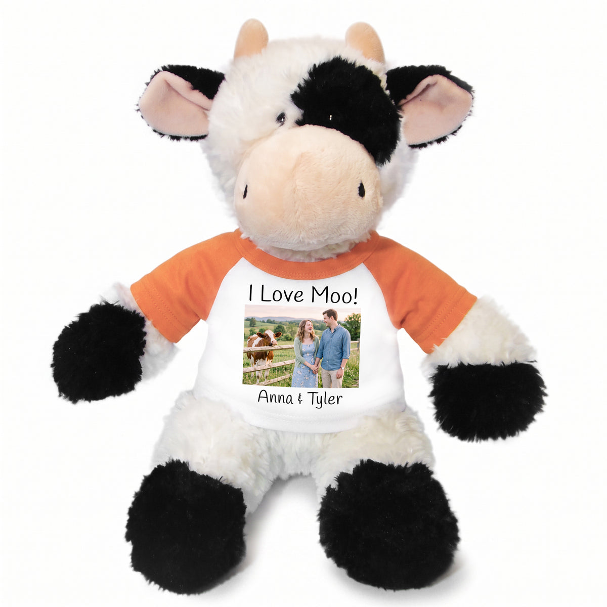 Personalized Stuffed Cow - 12 inch Tubbie Wubbie Cow with Photo and/or Text - Orange Shirt