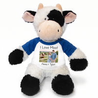 Personalized Stuffed Cow - 12 inch Tubbie Wubbie Cow with Photo and/or Text - Royal Blue Shirt