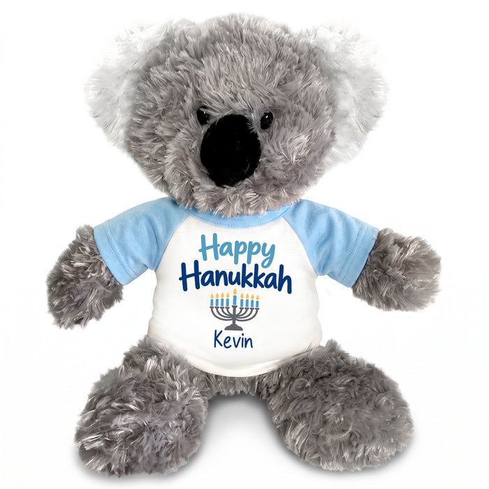 Personalized Hanukkah Stuffed Koala - 12 Inch Plush Tubbie Wubbies Koala - Happy Hanukkah, Light Blue Shirt / Blue Design