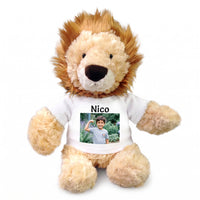 Personalized Stuffed Lion - 12 inch Plush Lion with Photo and/or Text - White Shirt