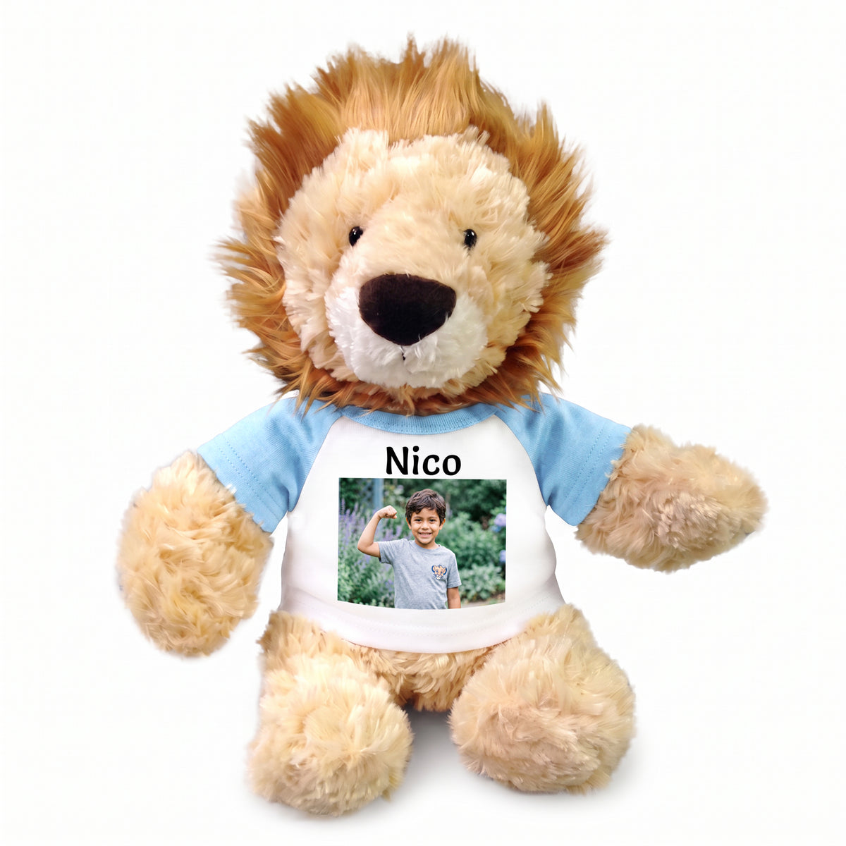 Personalized Stuffed Lion - 12 inch Plush Lion with Photo and/or Text - Light Blue Shirt