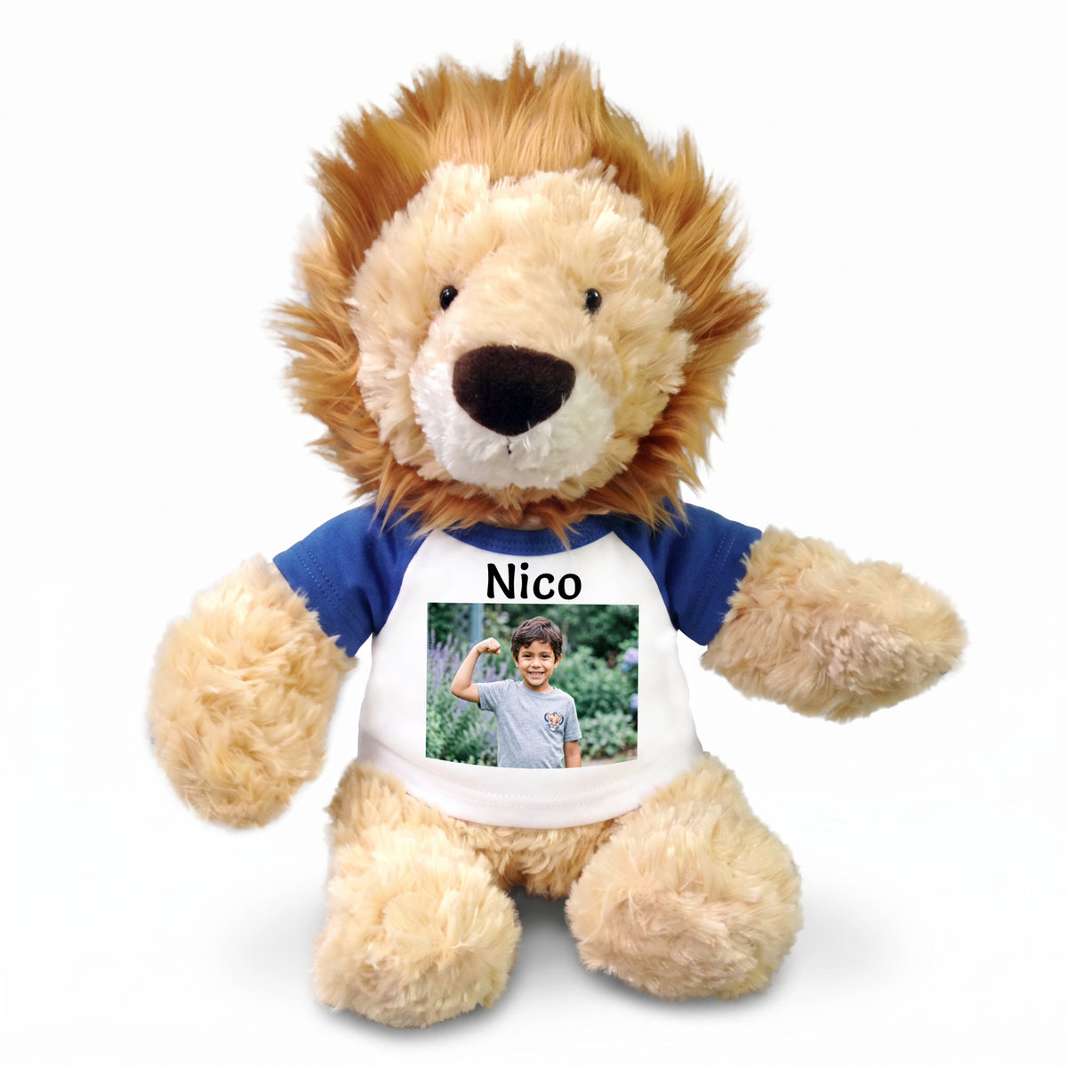 Personalized Stuffed Lion - 12 inch Plush Lion with Photo and/or Text - Royal Blue Shirt