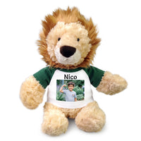 Personalized Stuffed Lion - 12 inch Plush Lion with Photo and/or Text - Green Shirt