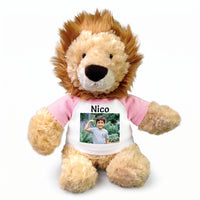 Personalized Stuffed Lion - 12 inch Plush Lion with Photo and/or Text - Pink Shirt