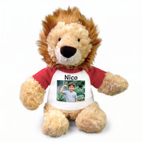 Personalized Stuffed Lion - 12 inch Plush Lion with Photo and/or Text - Red Shirt