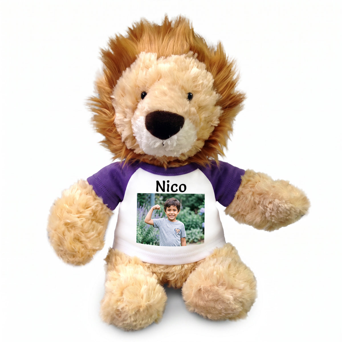 Personalized Stuffed Lion - 12 inch Plush Lion with Photo and/or Text - Purple Shirt