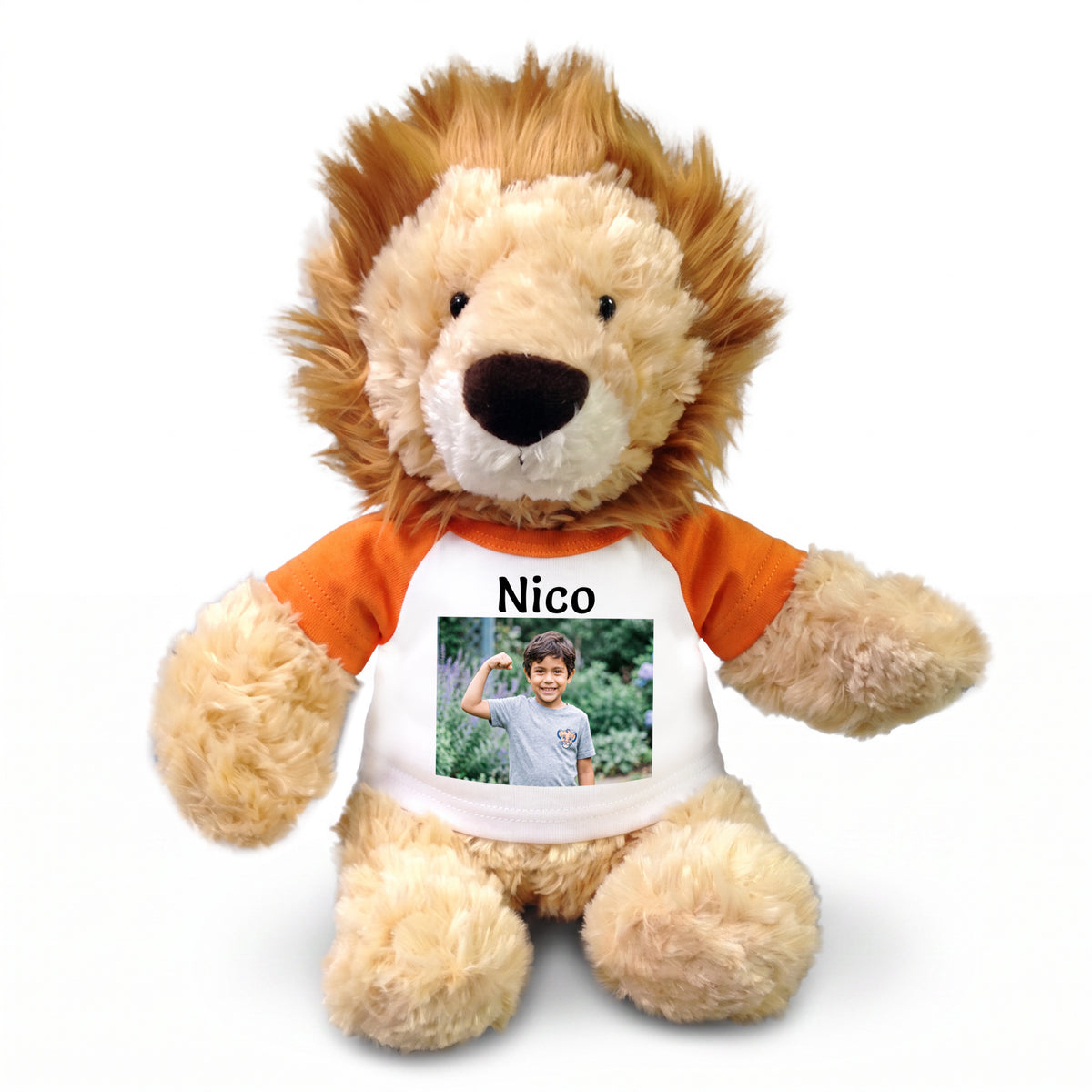 Personalized Stuffed Lion - 12 inch Plush Lion with Photo and/or Text - Orange Shirt
