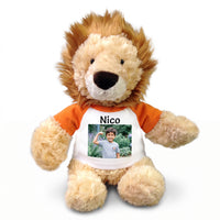 Personalized Stuffed Lion - 12 inch Plush Lion with Photo and/or Text - Orange Shirt