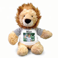 Personalized Stuffed Lion - 12 inch Plush Lion with Photo and/or Text - Grey Shirt
