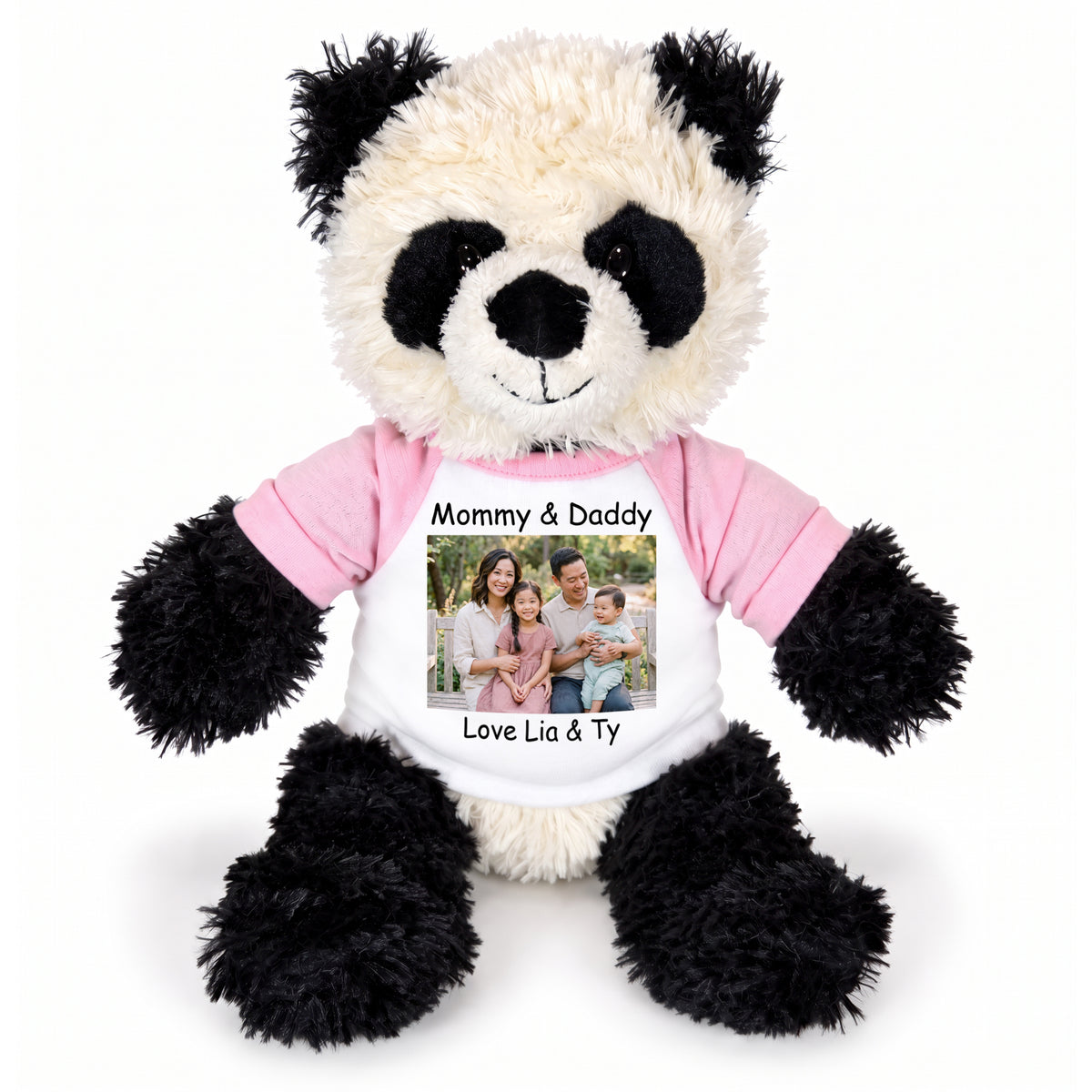 Personalized Stuffed Panda - 12 inch Aurora Plush Tubbie Wubbie Panda - Pink Sleeves, Print on Front Only