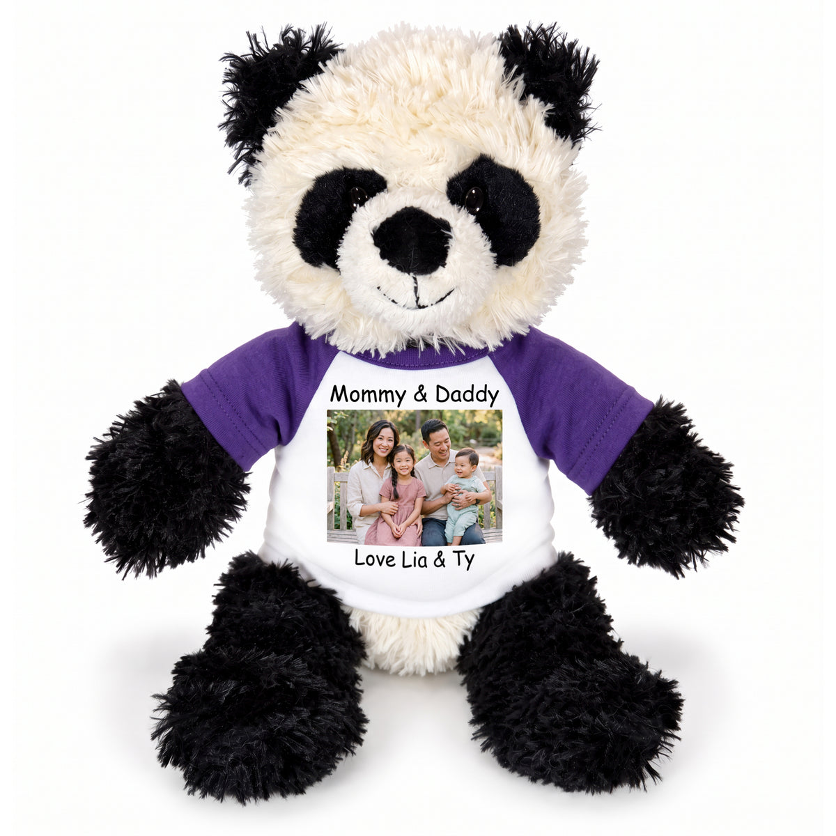 Personalized Stuffed Panda - 12 inch Aurora Plush Tubbie Wubbie Panda - Purple Sleeves, Print on Front Only