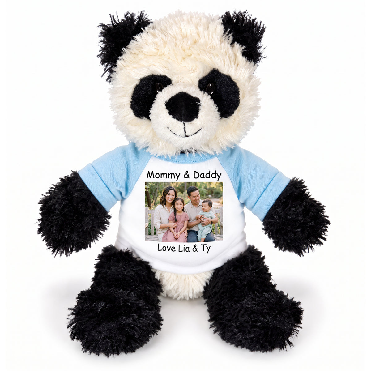 Personalized Stuffed Panda - 12 inch Aurora Plush Tubbie Wubbie Panda - Light Blue Sleeves, Print on Front Only