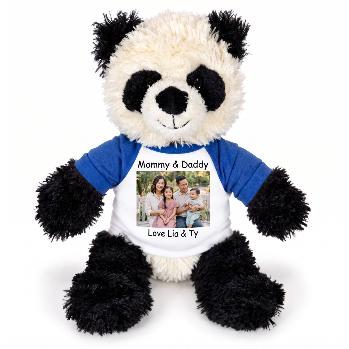 Personalized Stuffed Panda - 12 inch Aurora Plush Tubbie Wubbie Panda - Royal Blue Sleeves, Print on Front Only