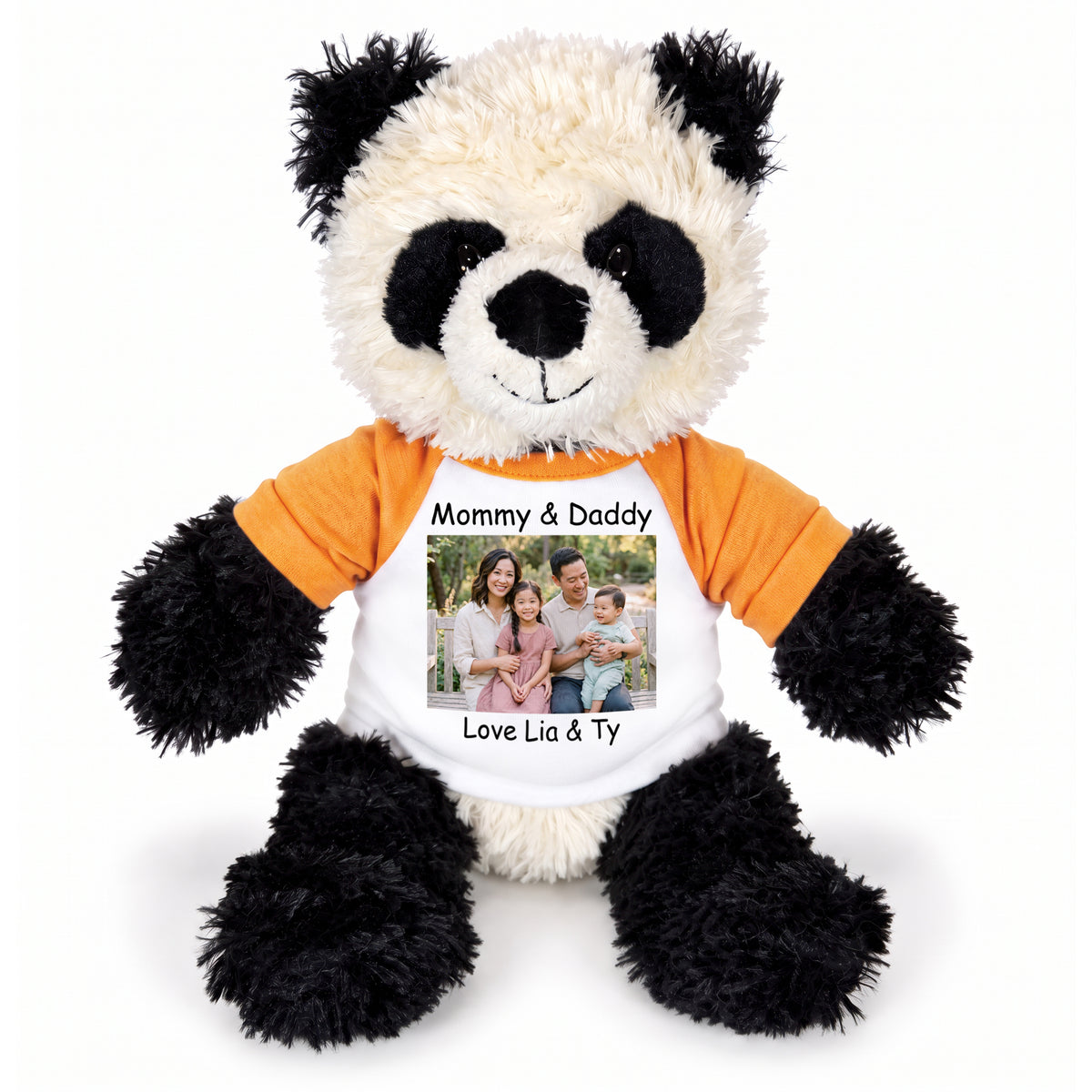 Personalized Stuffed Panda - 12 inch Aurora Plush Tubbie Wubbie Panda - Orange Sleeves, Print on Front Only