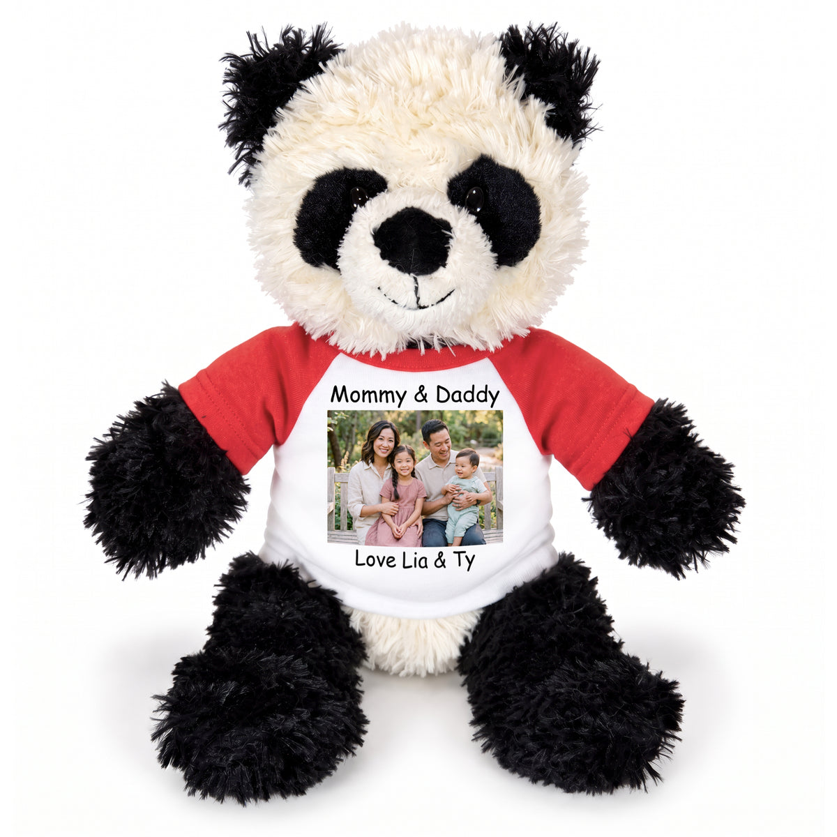 Personalized Stuffed Panda - 12 inch Aurora Plush Tubbie Wubbie Panda - Red Sleeves, Print on Front Only