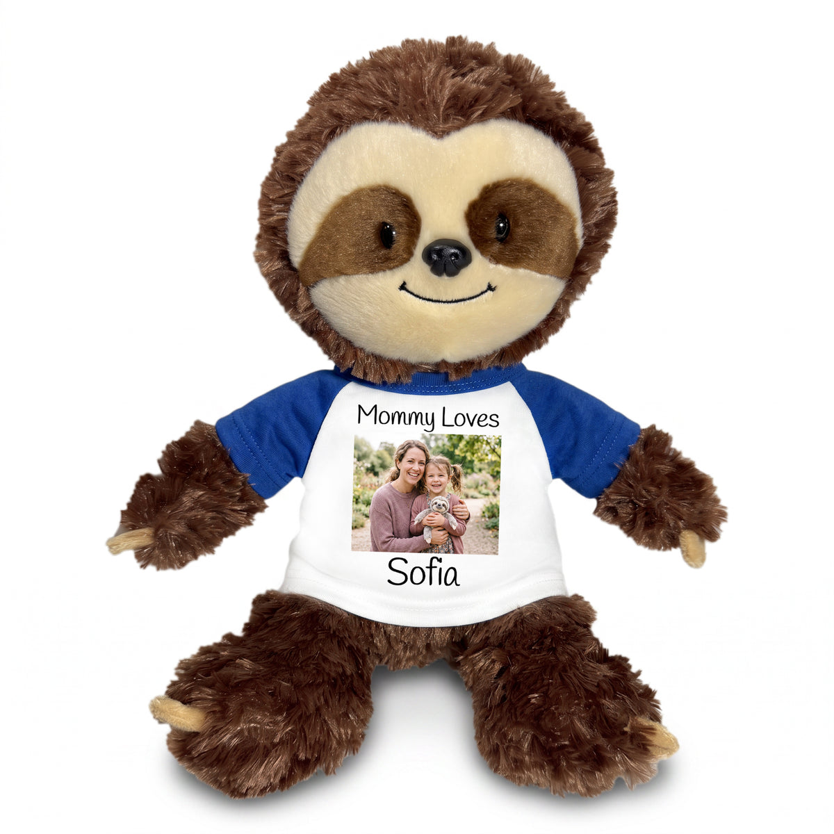 Personalized Stuffed Sloth - 12 inch Plush Tubbie Wubbie Sloth with Photo and/or Text - Royal Blue Sleeves, Print on Front Only