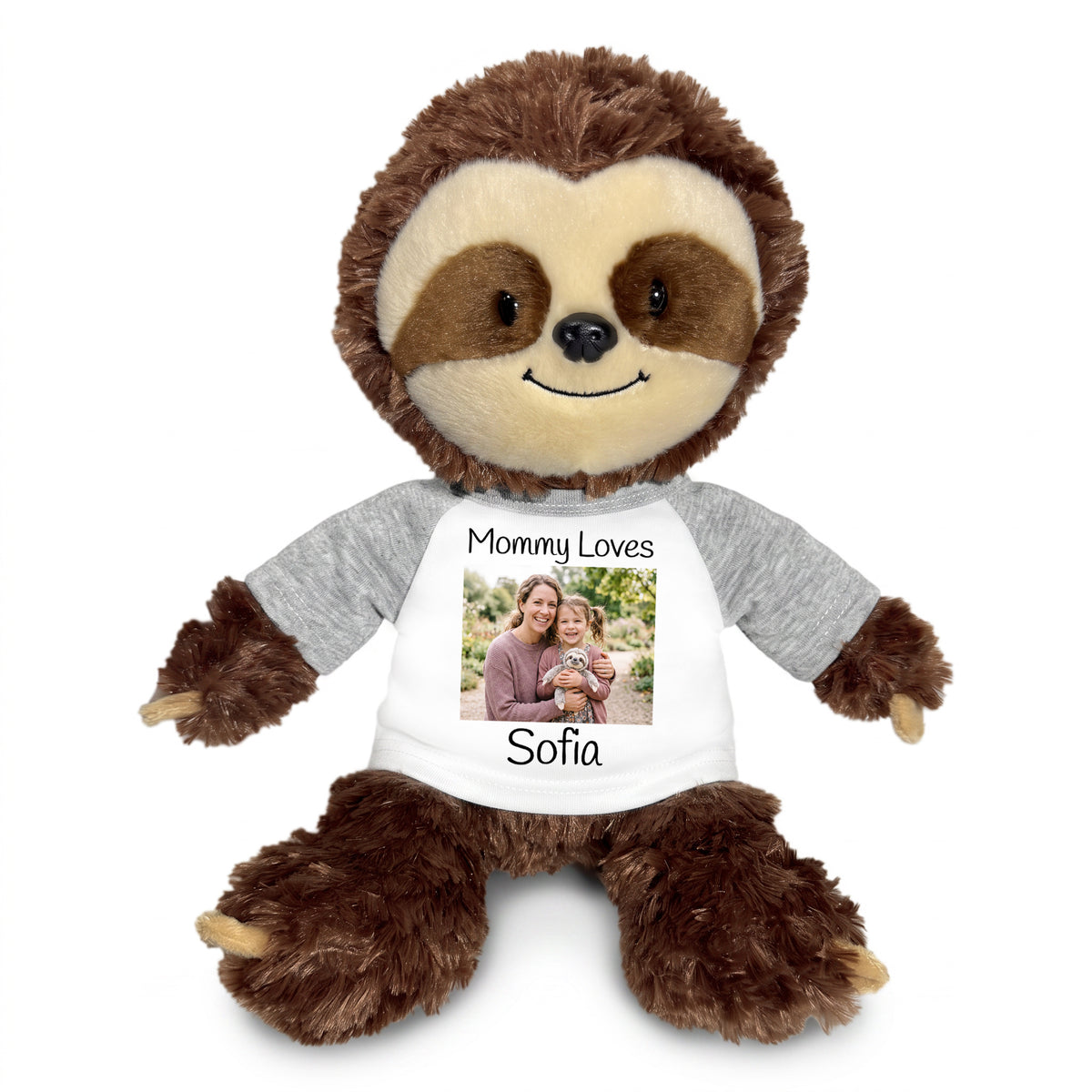 Personalized Stuffed Sloth - 12 inch Plush Tubbie Wubbie Sloth with Photo and/or Text - Grey Sleeves, Print on Front Only