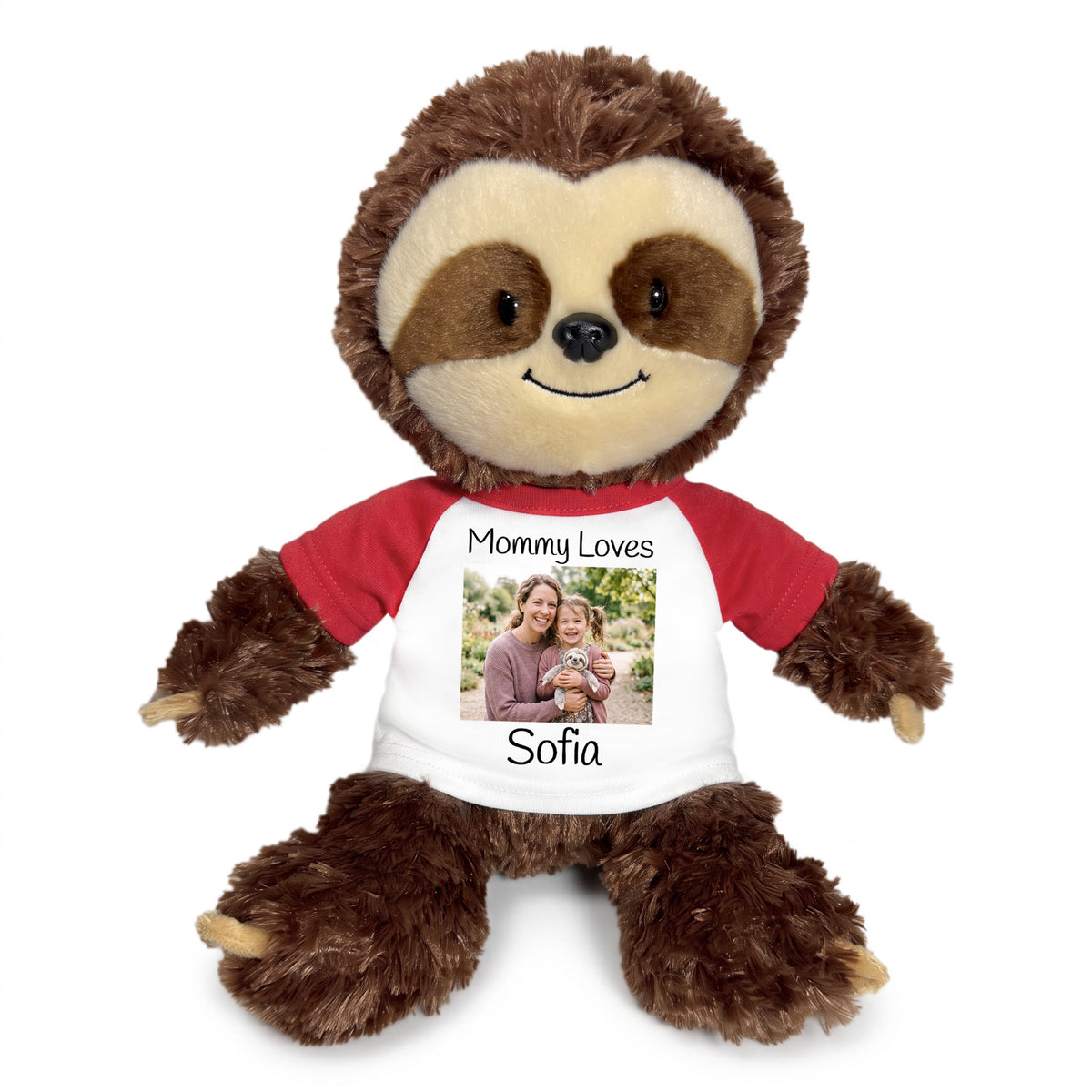 Personalized Stuffed Sloth - 12 inch Plush Tubbie Wubbie Sloth with Photo and/or Text - Red Sleeves, Print on Front Only