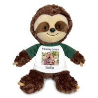 Personalized Stuffed Sloth - 12 inch Plush Tubbie Wubbie Sloth with Photo and/or Text - Green Sleeves, Print on Front Only