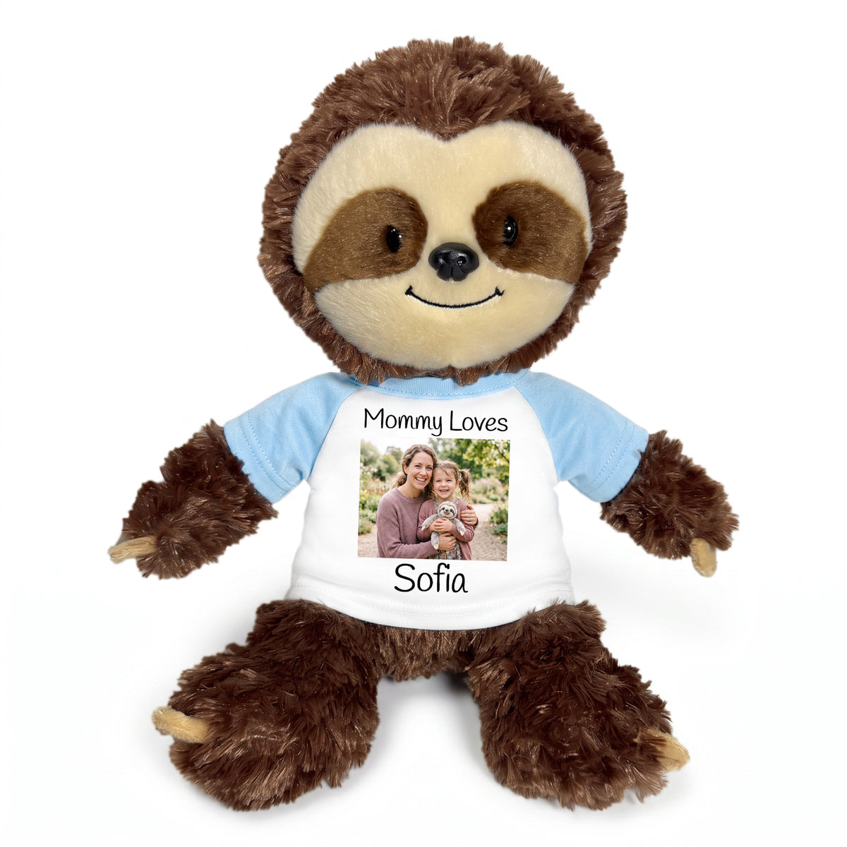 Personalized Stuffed Sloth - 12 inch Plush Tubbie Wubbie Sloth with Photo and/or Text - Light Blue Sleeves, Print on Front Only