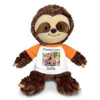 Personalized Stuffed Sloth - 12 inch Plush Tubbie Wubbie Sloth with Photo and/or Text - Orange Sleeves, Print on Front Only