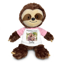 Personalized Stuffed Sloth - 12 inch Plush Tubbie Wubbie Sloth with Photo and/or Text - Pink Sleeves, Print on Front Only