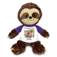 Personalized Stuffed Sloth - 12 inch Plush Tubbie Wubbie Sloth with Photo and/or Text - Purple Sleeves, Print on Front Only