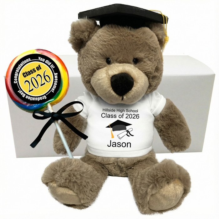 Personalized Graduation Class of 2026 Teddy Bear Gift Set - 14" Taupe Bear