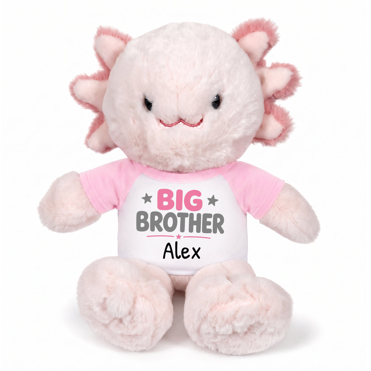 Personalized Big Brother Stuffed Axolotyl - 12 Inch Plush Axolytl - Pink Shirt with Pink and Grey design