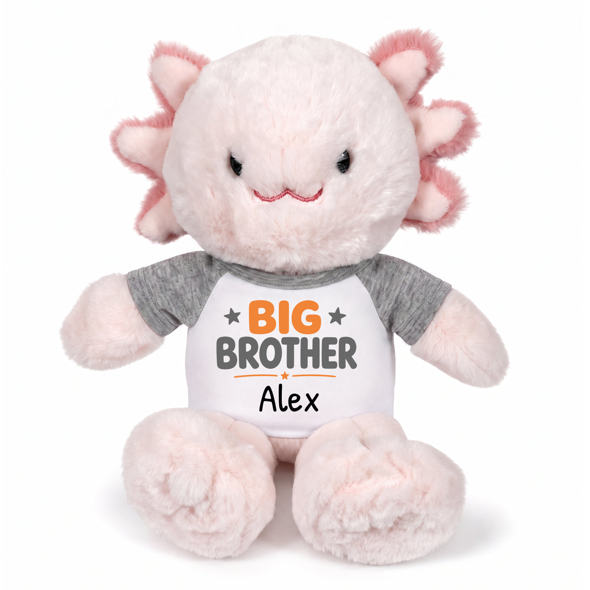 Personalized Big Brother Stuffed Axolotyl - 12 Inch Plush Axolytl - Grey Shirt with Orange & Grey Design
