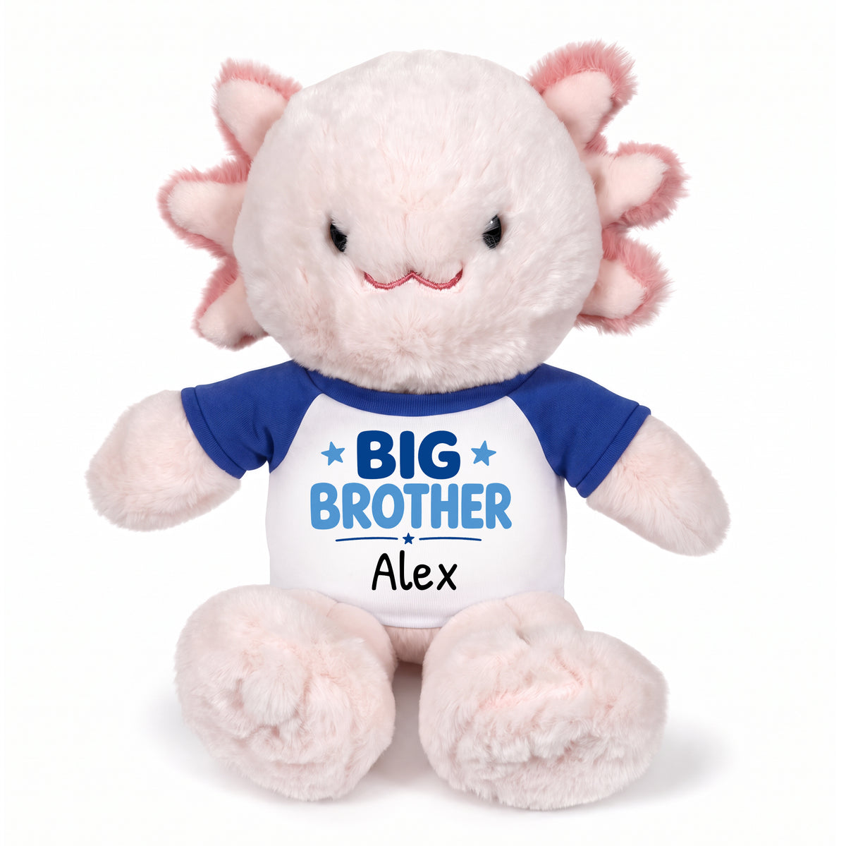 Personalized Big Brother Stuffed Axolotyl - 12 Inch Plush Axolytl - Royal Blue Shirt with Blue Design