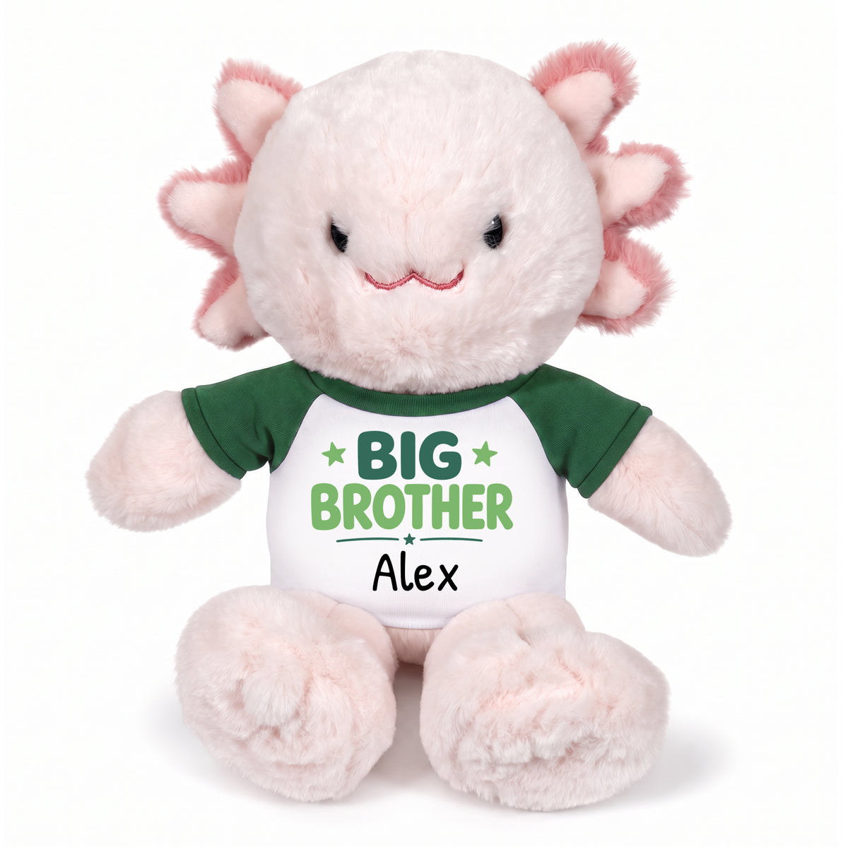 Personalized Big Brother Stuffed Axolotyl - 12 Inch Plush Axolytl - - Green Shirt and Design