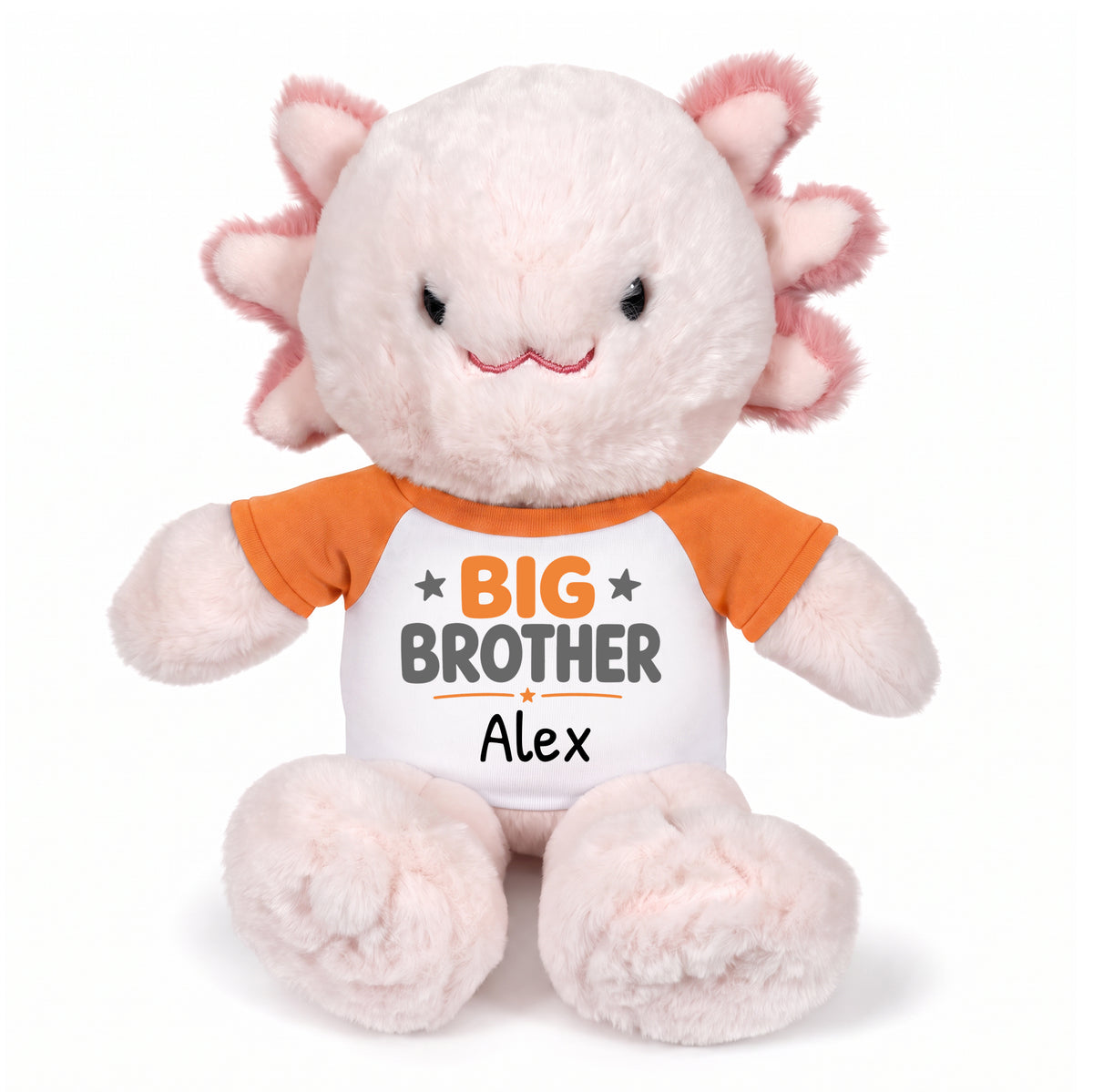 Personalized Big Brother Stuffed Axolotyl - 12 Inch Plush Axolytl - Orange shirt with Orange & Grey Design