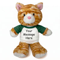 Personalized Stuffed Cat - 12 Inch Tabby Cat - Green Shirt