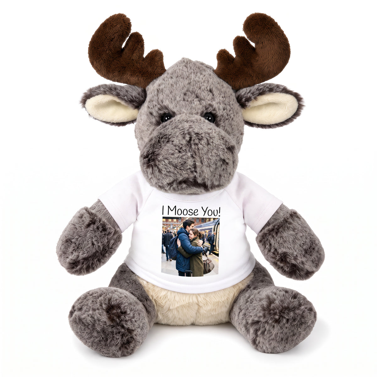 Personalized Stuffed Moose - 11 Inch Milo Moose with your photo and/or custom text - White Shirt