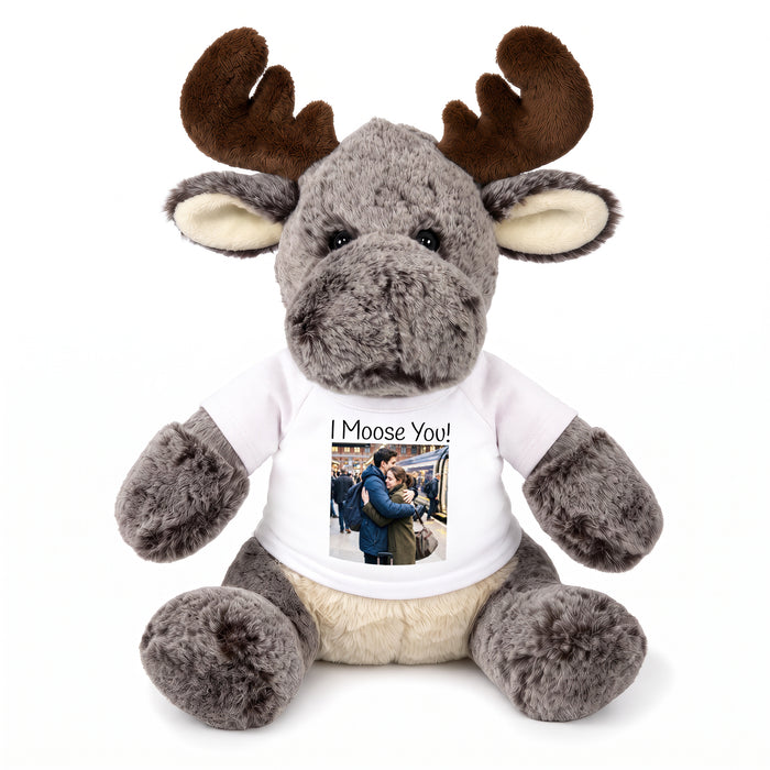 Personalized Stuffed Moose - 11 Inch Milo Moose with your photo and/or custom text - White Shirt