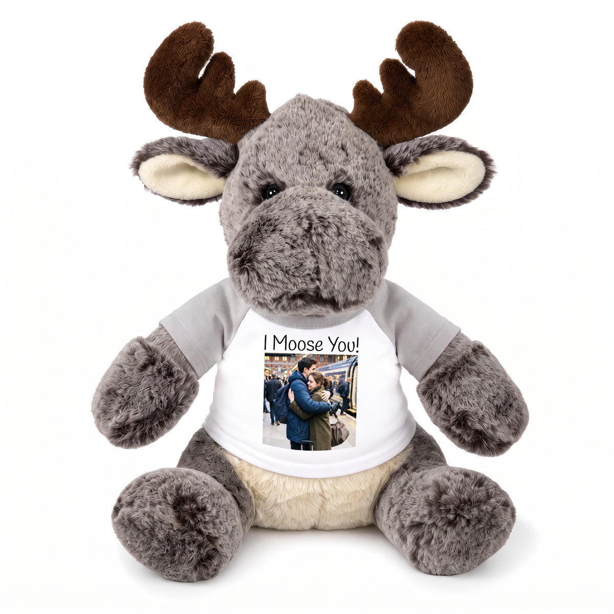 Personalized Stuffed Moose - 11 Inch Milo Moose with your photo and/or custom text - Grey Shirt