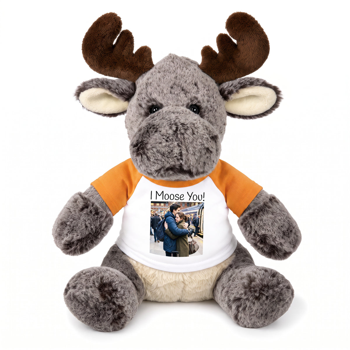 Personalized Stuffed Moose - 11 Inch Milo Moose with your photo and/or custom text - Orange Shirt
