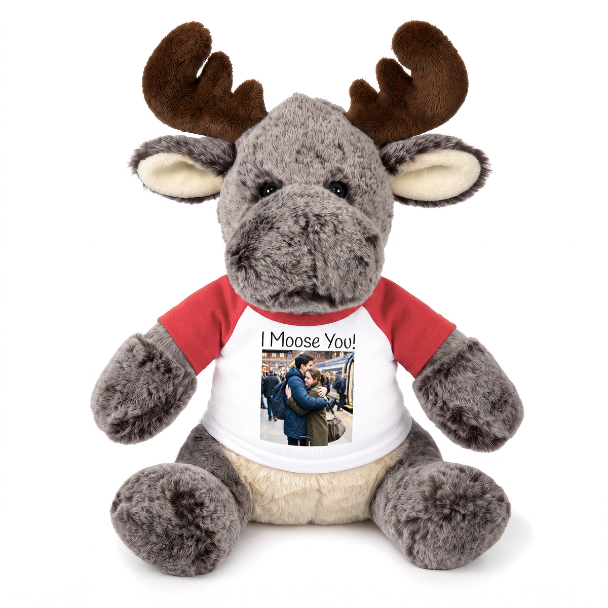 Personalized Stuffed Moose - 11 Inch Milo Moose with your photo and/or custom text - Red Shirt