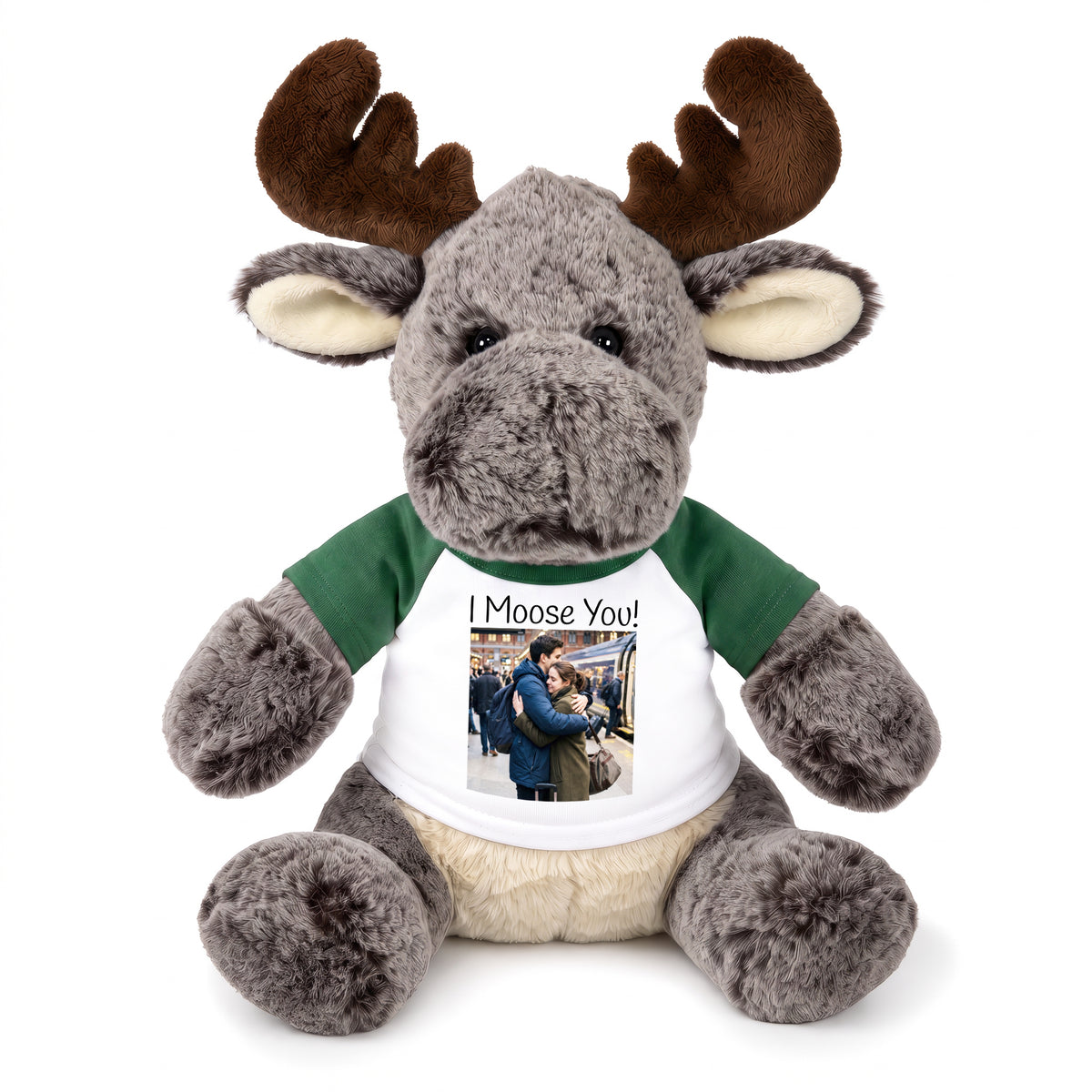 Personalized Stuffed Moose - 11 Inch Milo Moose with your photo and/or custom text - Green Shirt