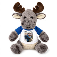 Personalized Stuffed Moose - 11 Inch Milo Moose with your photo and/or custom text - Royal Blue Shirt