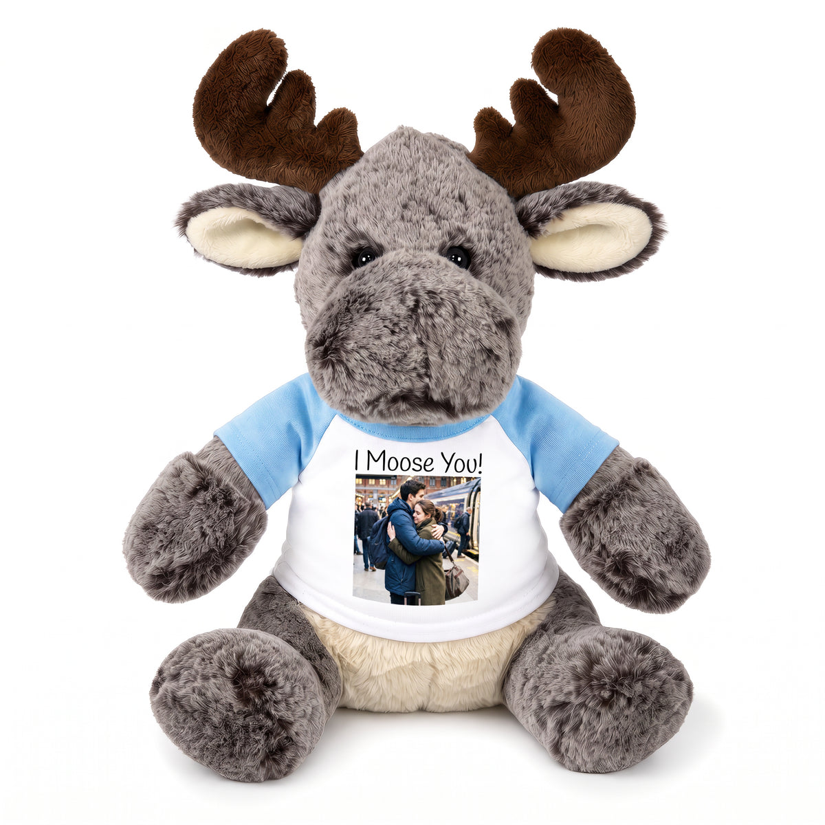 Personalized Stuffed Moose - 11 Inch Milo Moose with your photo and/or custom text - Light Blue Shirt