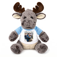 Personalized Stuffed Moose - 11 Inch Milo Moose with your photo and/or custom text - Light Blue Shirt