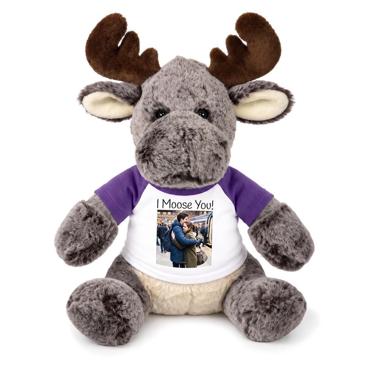 Personalized Stuffed Moose - 11 Inch Milo Moose with your photo and/or custom text - Purple Shirt