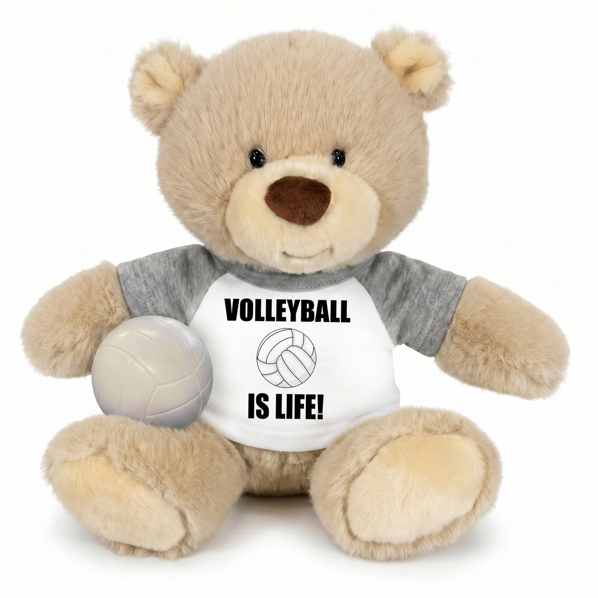 Personalized Volleyball Teddy Bear - 10 Inch Tan Nuzzles Bear - Grey Shirt